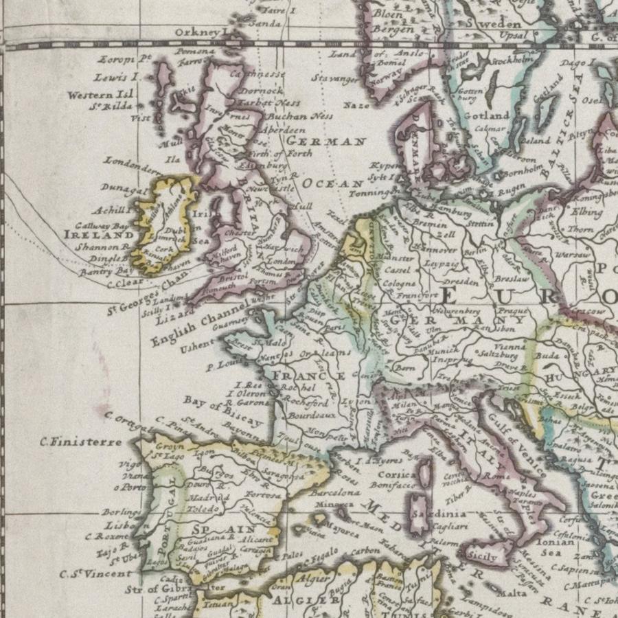 Detalle de un mapa de 1719 con Francia y el Canal de la Mancha