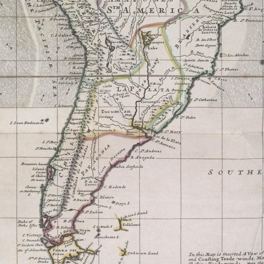 Detalle de un mapa de 1719 con Buenos Aires escrito sobre el Río de la Plata